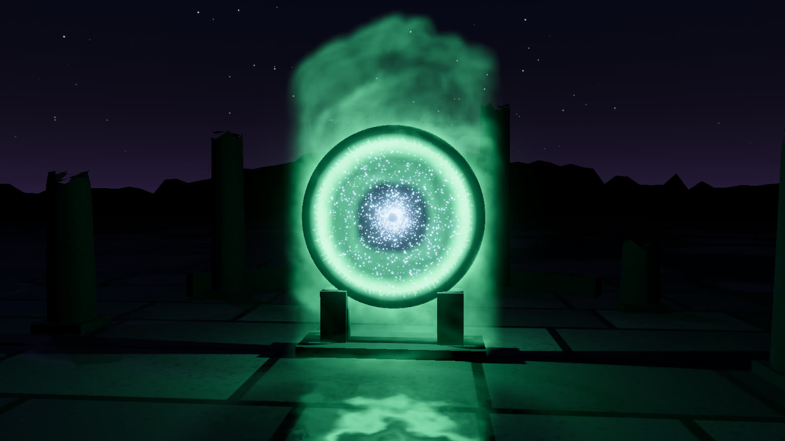 The same portal after `setColor([0.2, 1, 0.5])`. The demo tints its rune ring from `portal.colors`; the rim sparks keep their own `sparks.colorA` and `colorB`